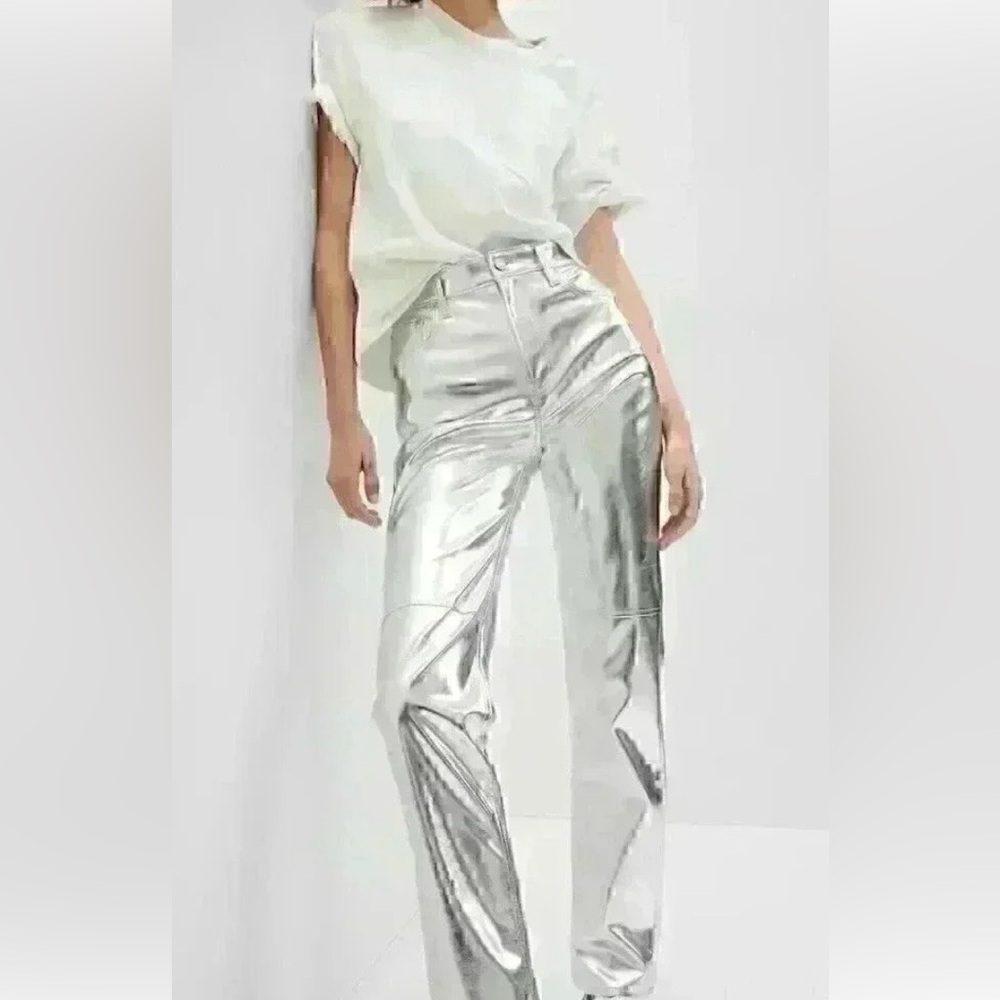 GAP Women's Silver Vegan Leather Straight Leg Jean